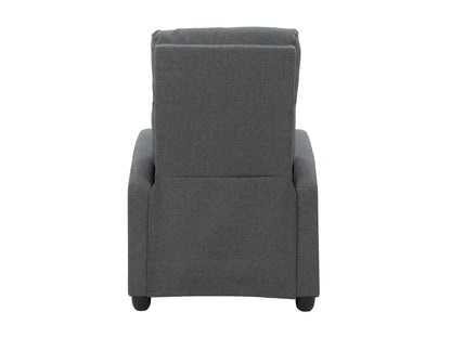 Dark grey push back recliner with tufted backrest, wooden legs, and modern design.