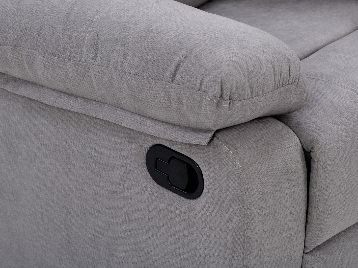 Grey 2 seater recliner loveseat with plush fabric upholstery and sleek modern design.