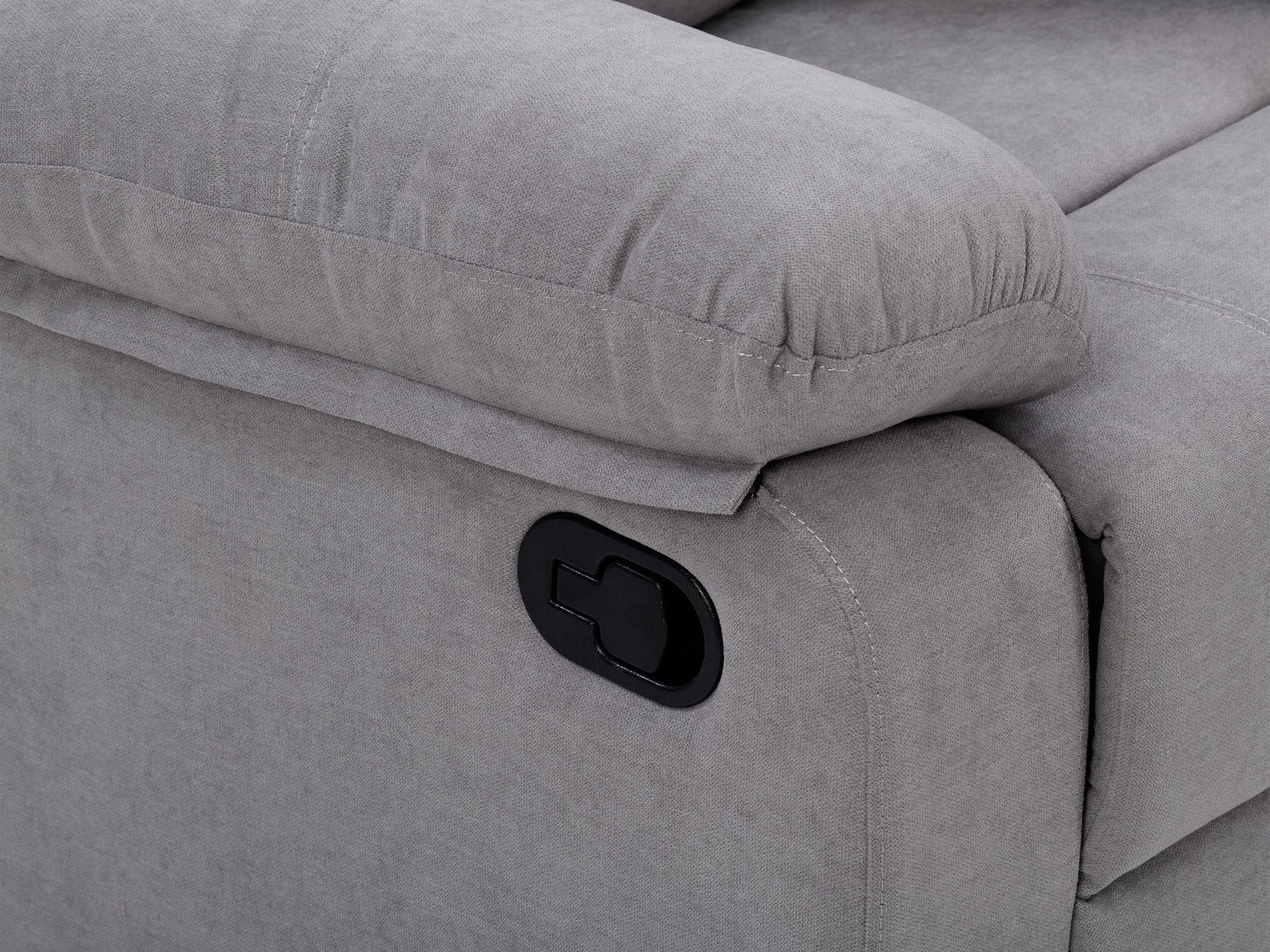 Grey 2 seater recliner loveseat with plush fabric upholstery and sleek modern design.