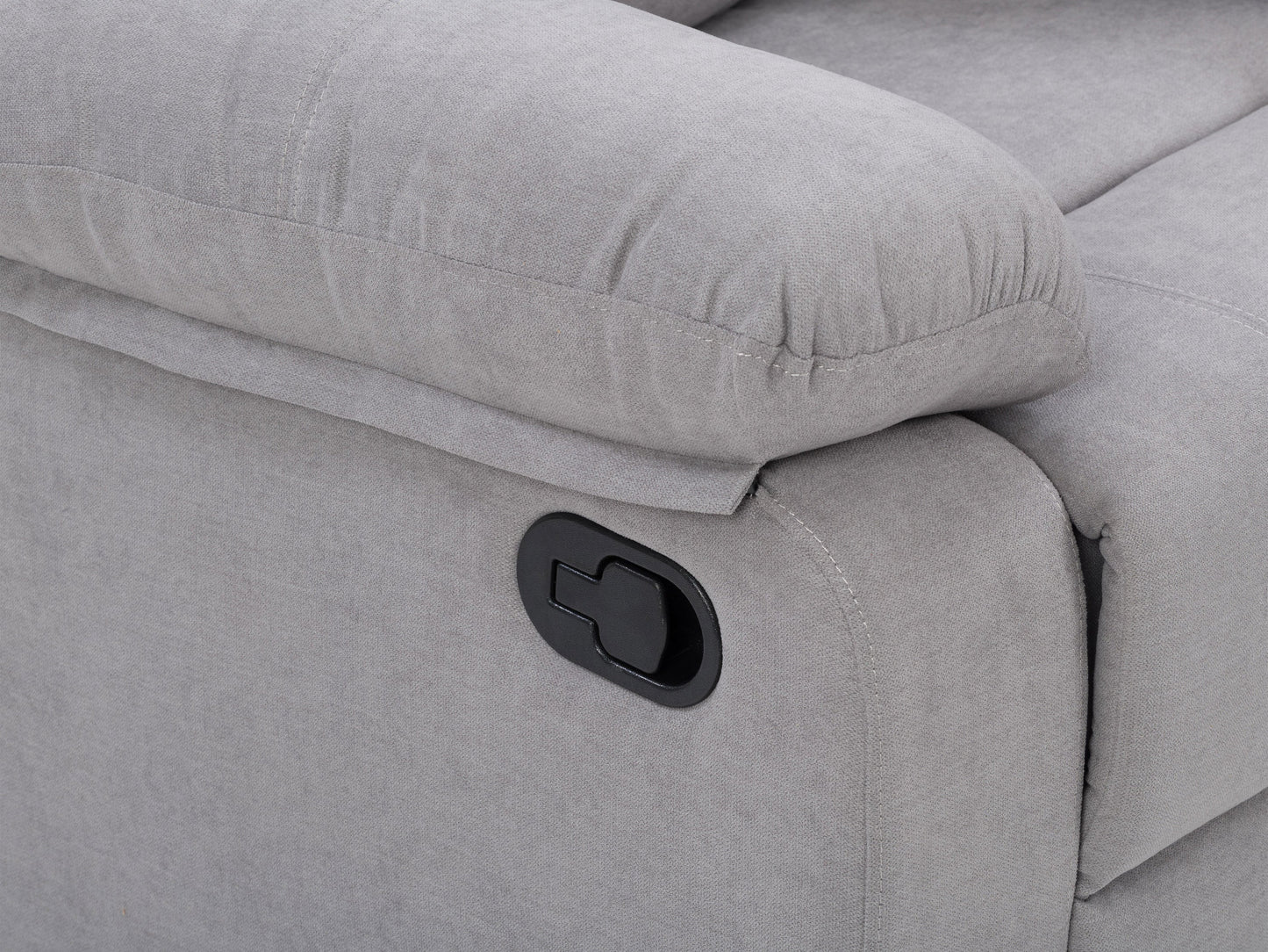 Light grey extra wide recliner with plush fabric, padded armrests, and a contemporary design.