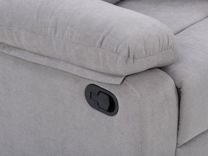 Light grey extra wide recliner with plush fabric, padded armrests, and a contemporary design.