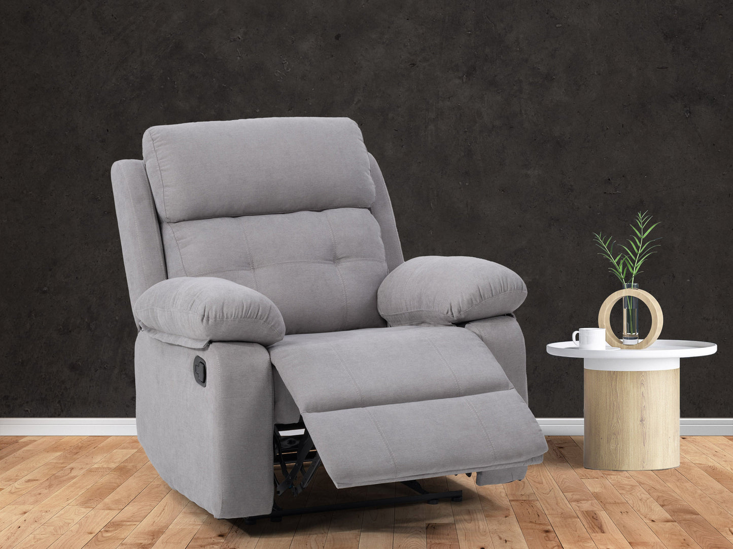 Light grey extra wide recliner with soft fabric, plush cushioning, and a modern design.