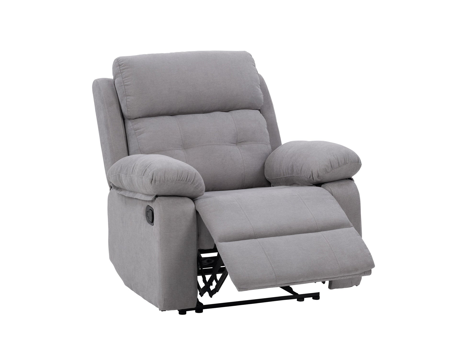 Light grey extra wide recliner with plush fabric, wooden legs, and a contemporary design.