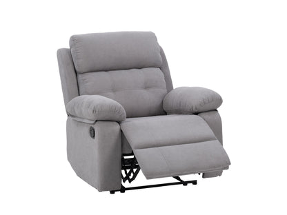 Light grey extra wide recliner with plush fabric, wooden legs, and a contemporary design.
