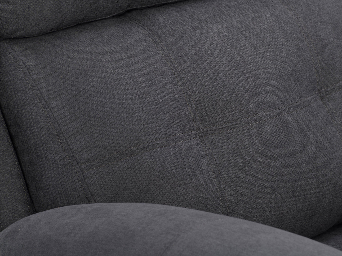 Extra wide dark grey fabric recliner with plush cushions and sturdy wooden frame.