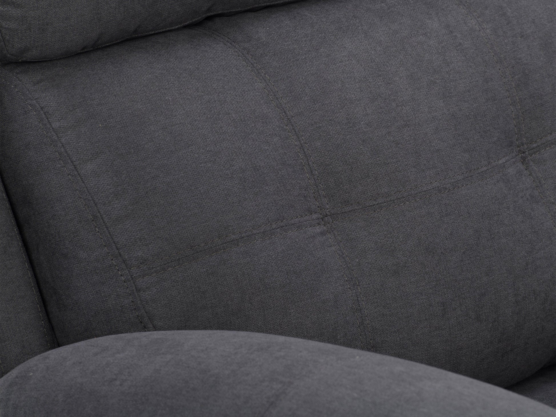 Extra wide dark grey fabric recliner with plush cushions and sturdy wooden frame.