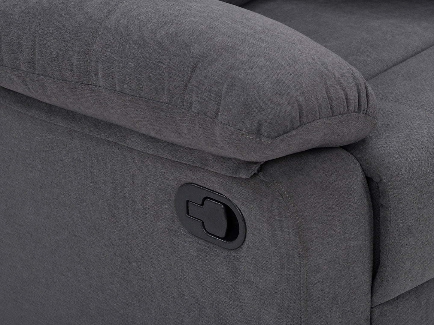 Dark grey extra wide recliner with plush fabric, padded armrests, and sleek modern design.