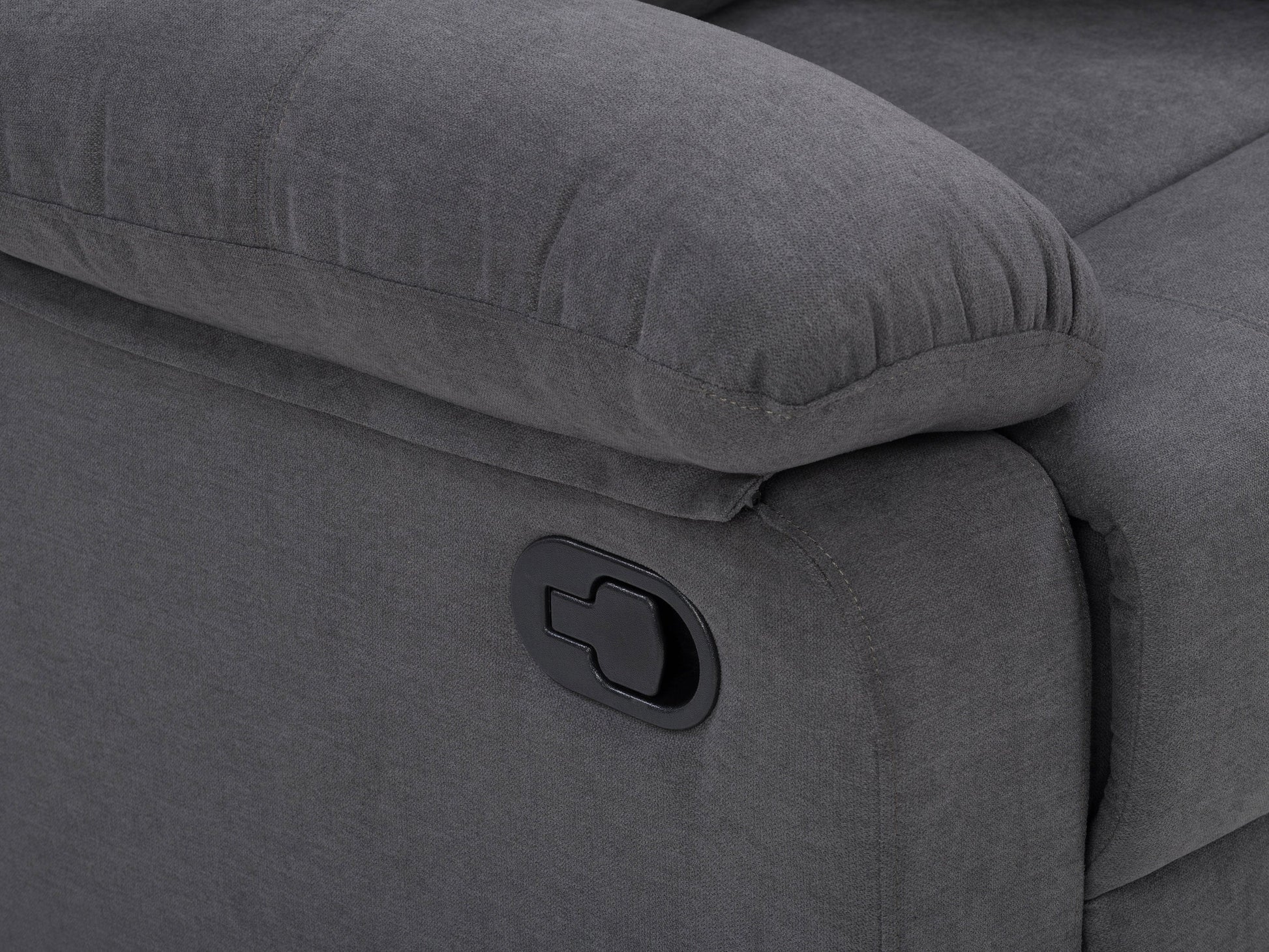 Dark grey extra wide recliner with plush fabric, padded armrests, and sleek modern design.