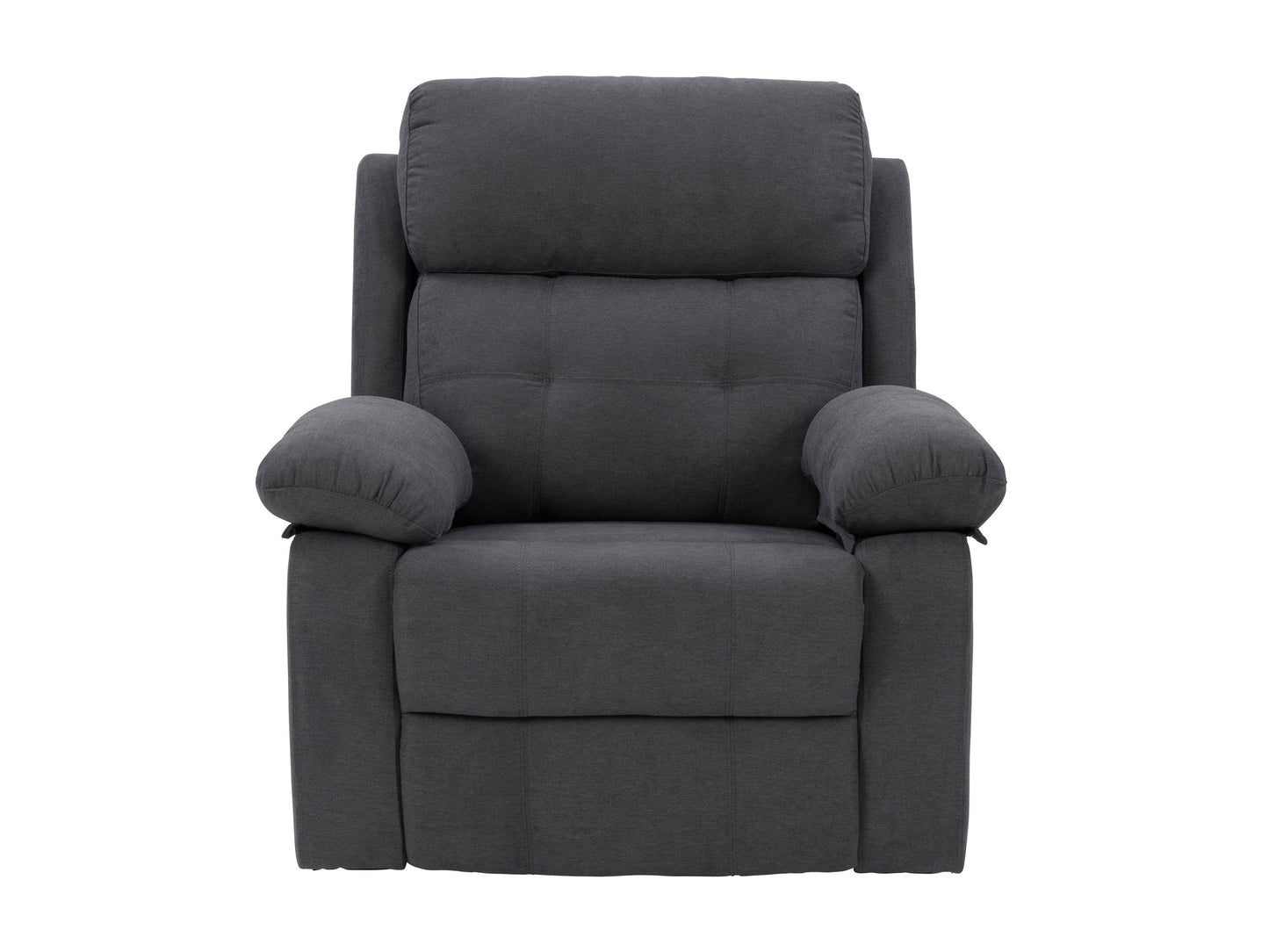 Dark grey extra wide recliner with plush fabric, padded armrests, and a sleek modern design.