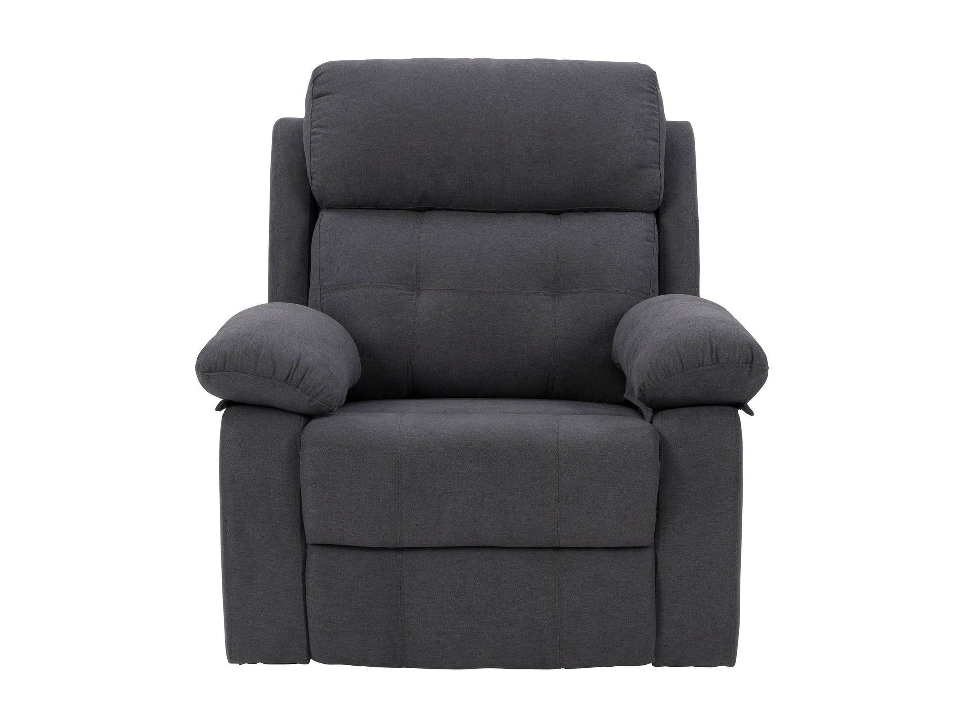 Dark grey extra wide recliner with plush fabric, padded armrests, and a sleek modern design.