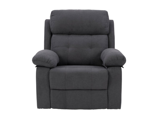 Dark grey extra wide recliner with plush fabric, padded armrests, and a sleek modern design.