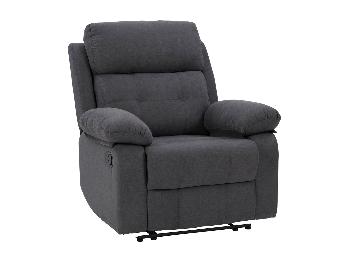 Extra wide dark grey fabric recliner with plush cushions and wooden legs, perfect for modern living rooms.