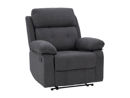 Extra wide dark grey fabric recliner with plush cushions and wooden legs, perfect for modern living rooms.