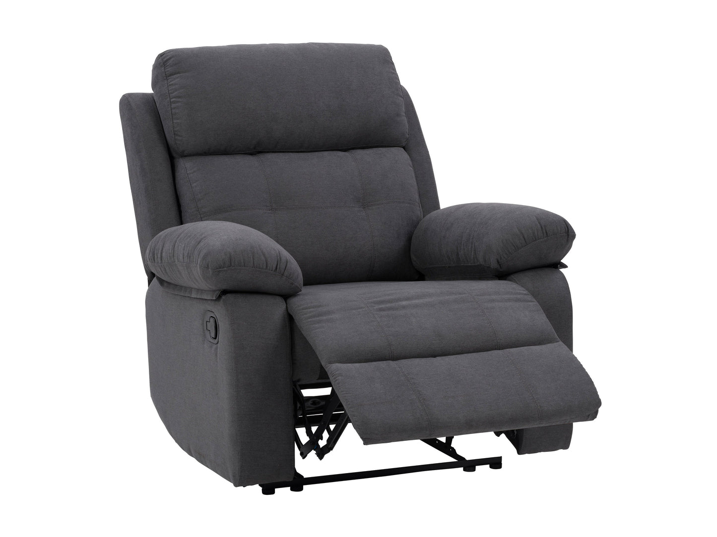 Dark grey extra wide recliner with plush cushions and ergonomic design, perfect for modern living rooms.