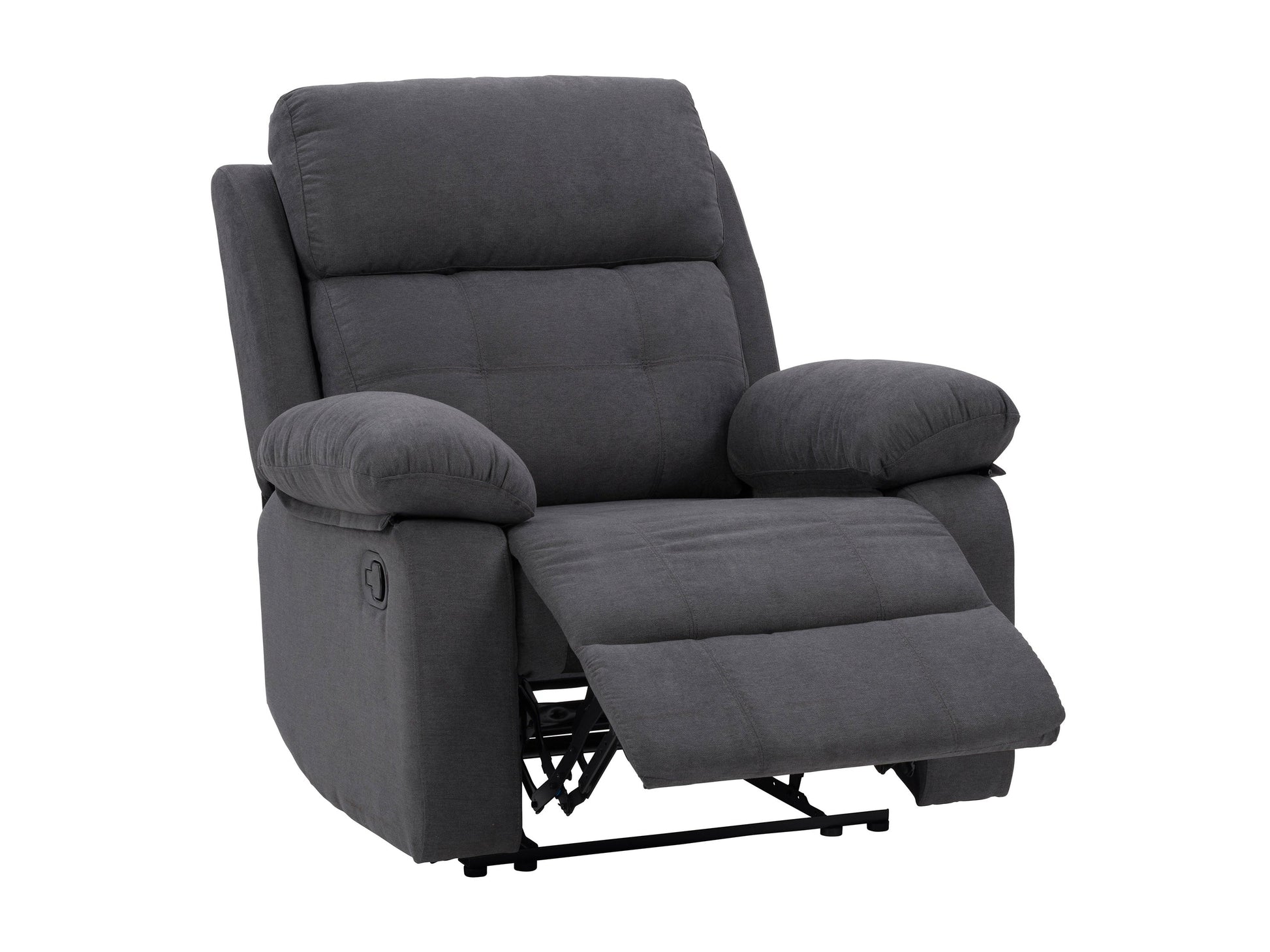Dark grey extra wide recliner with plush cushions and ergonomic design, perfect for modern living rooms.