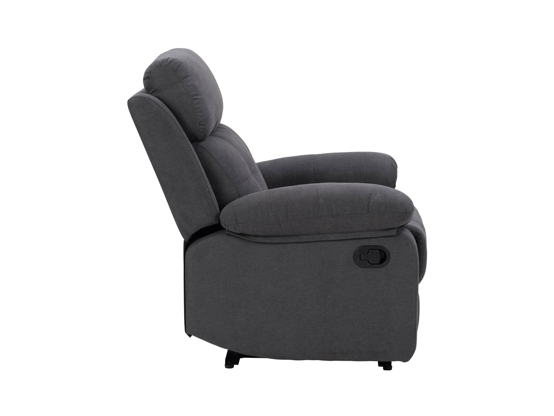 Extra wide dark grey recliner with plush cushions, ergonomic design, and sturdy wooden frame.