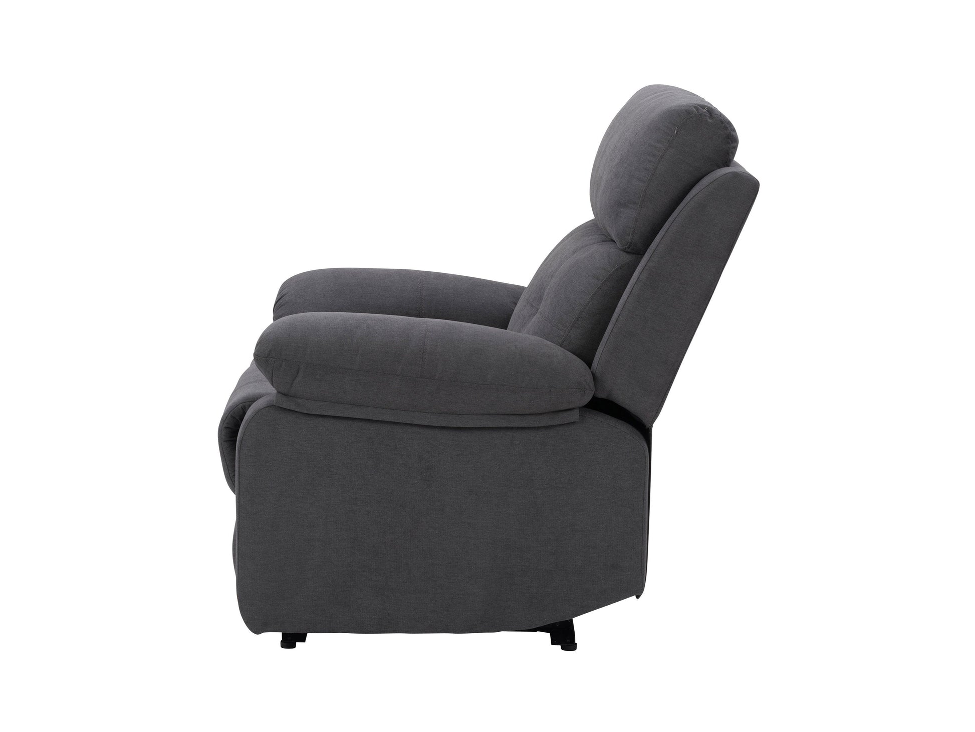 Extra wide dark grey fabric recliner with plush cushions and a modern design.