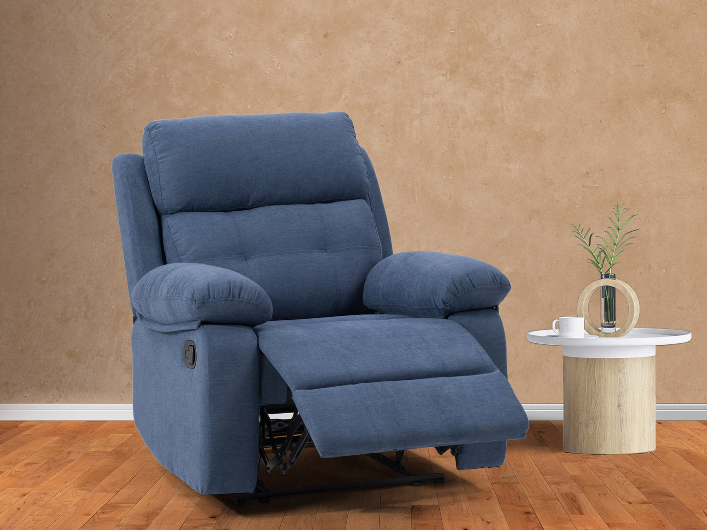 Blue extra wide recliner with plush cushions, ergonomic design, and durable fabric upholstery.