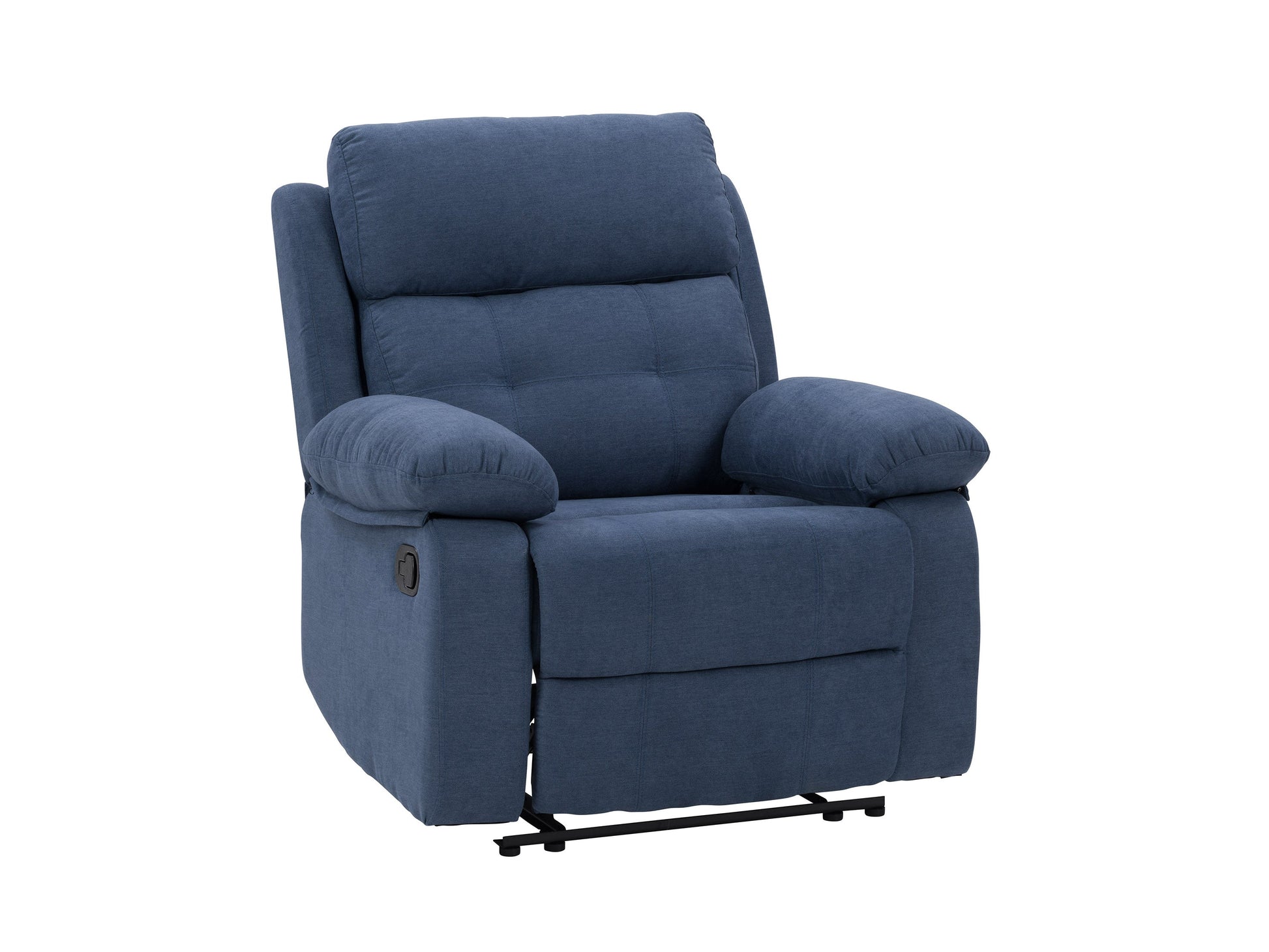 Extra wide blue recliner with plush cushions, fabric upholstery, and ergonomic design for ultimate comfort.