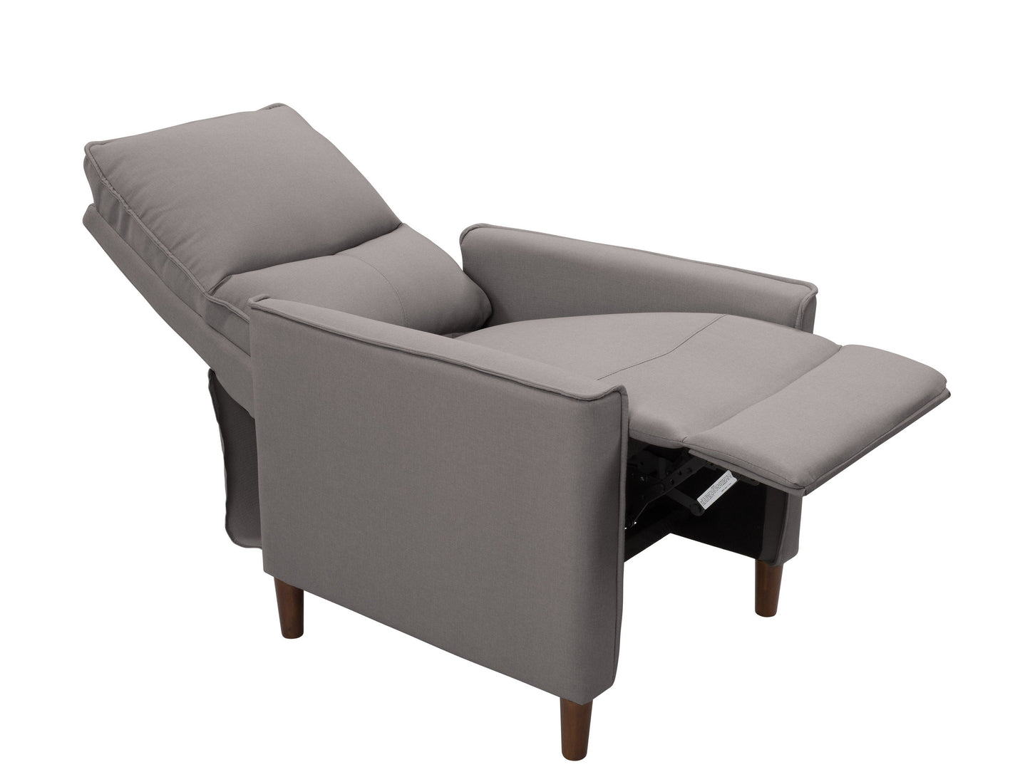 Light grey mid-century recliner with wooden legs, tufted backrest, and ergonomic design.