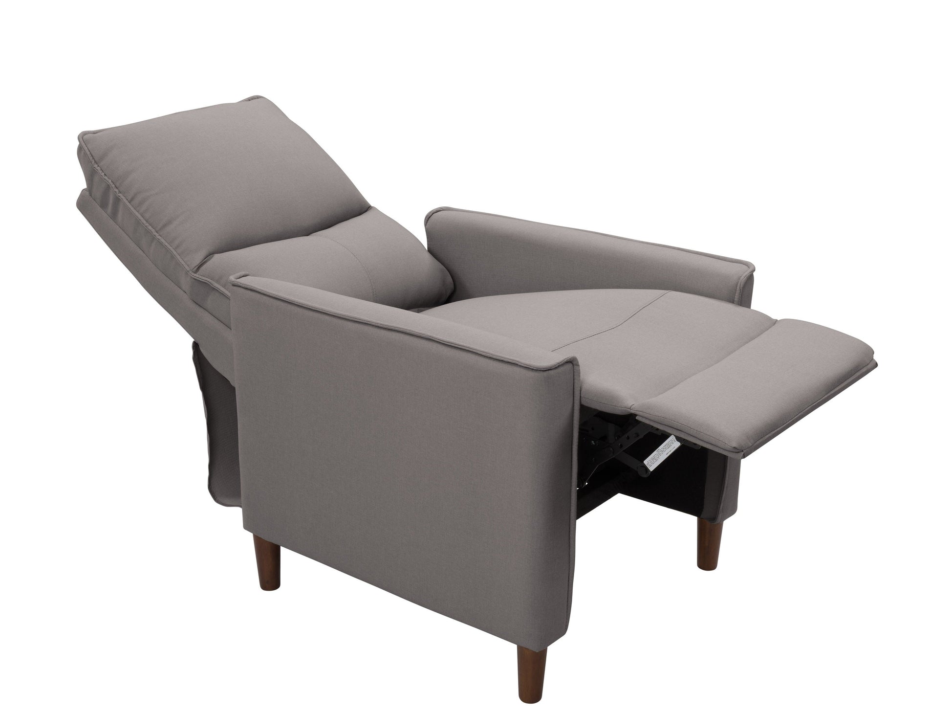 Light grey mid-century recliner with wooden legs, tufted backrest, and ergonomic design.