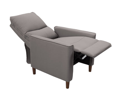 Light grey mid-century recliner with wooden legs, tufted backrest, and ergonomic design.