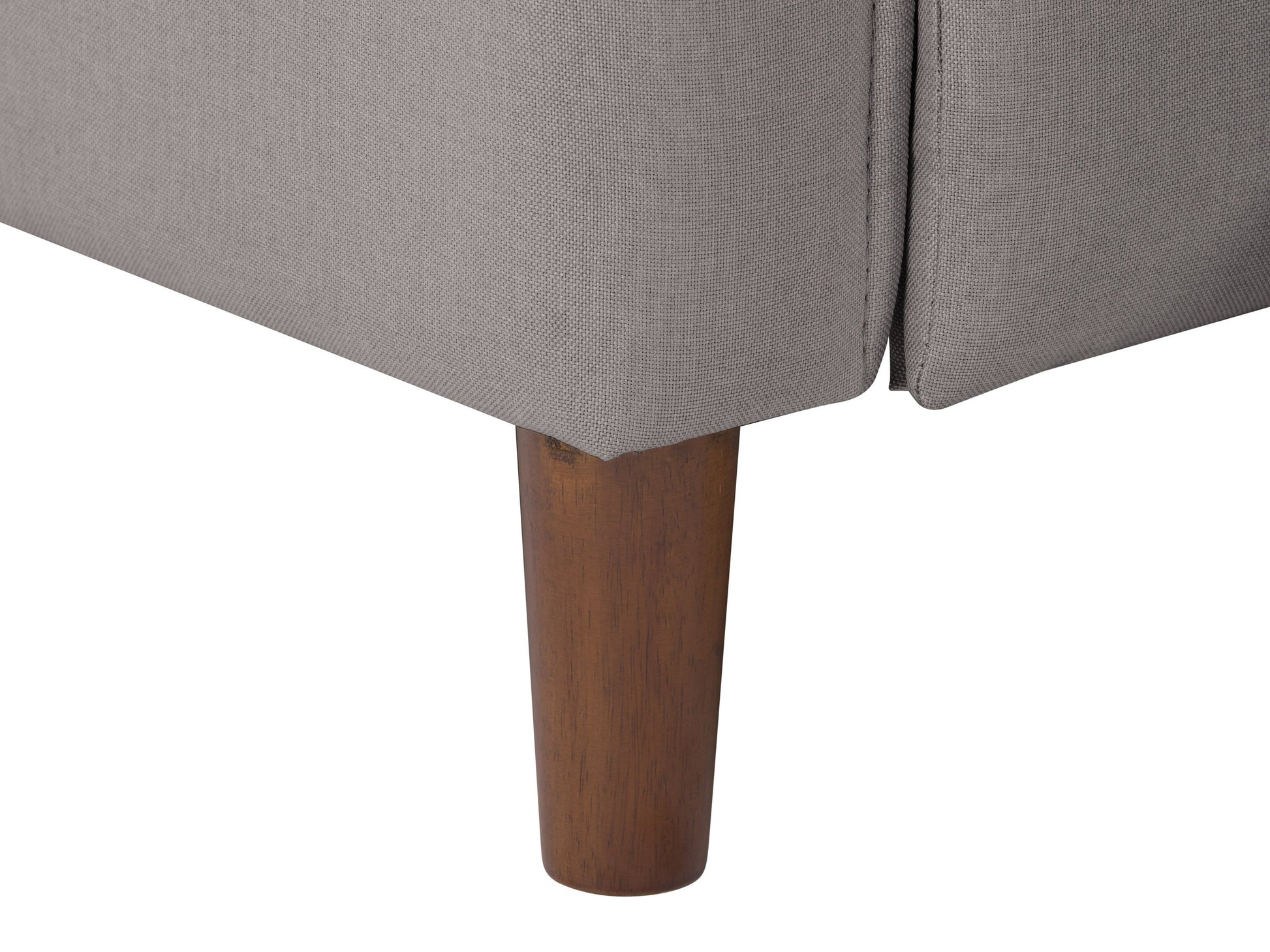 Light grey mid-century recliner with tufted back, wooden legs, and a sleek, minimalist design.