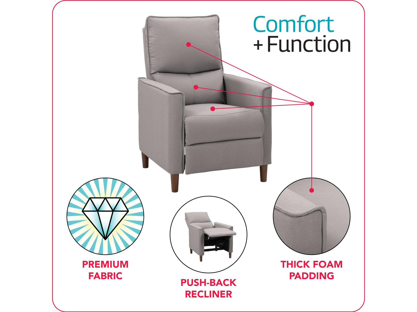 Light grey mid-century recliner with tufted backrest, wooden legs, and ergonomic design.