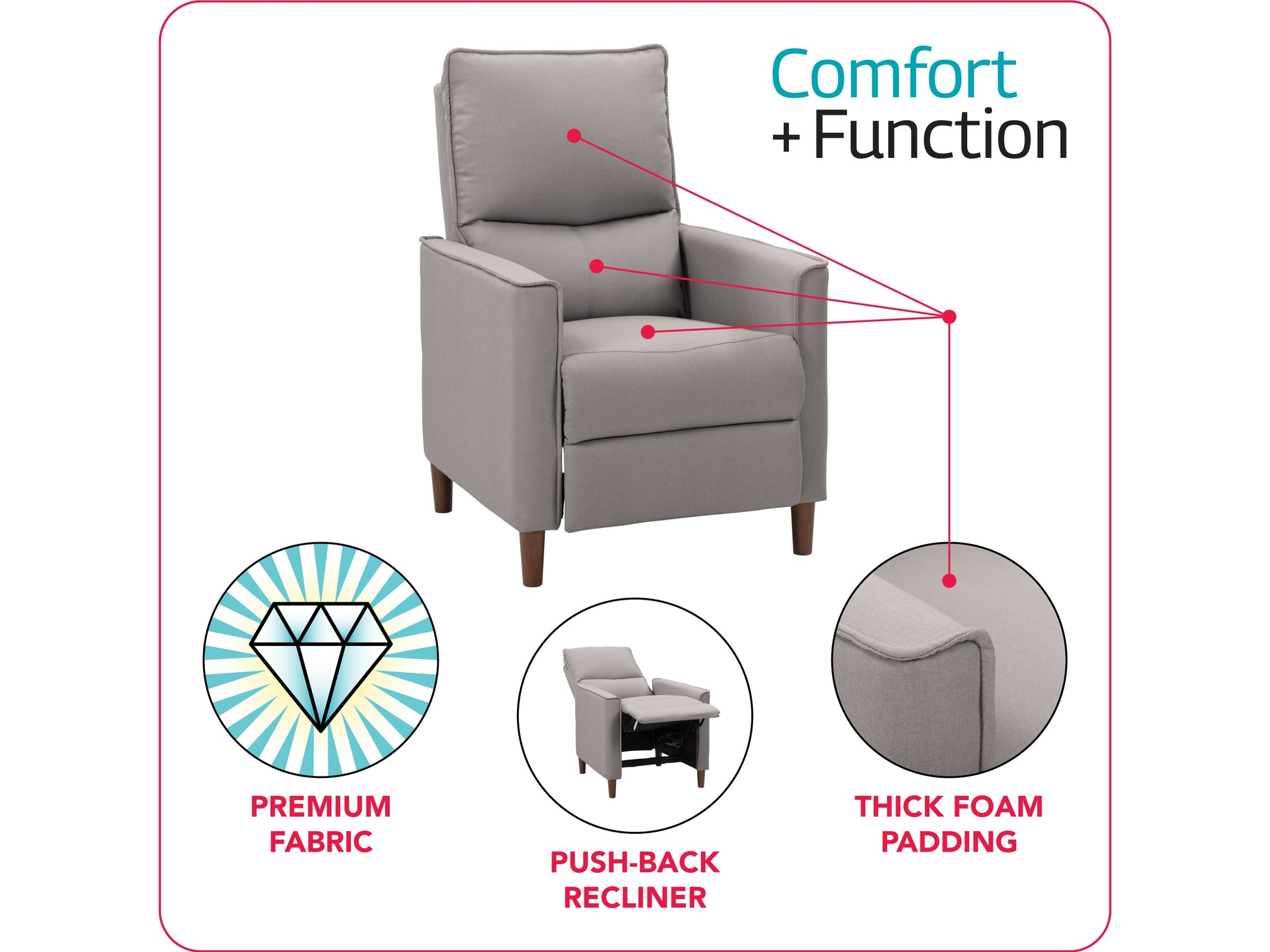 Light grey mid-century recliner with tufted backrest, wooden legs, and ergonomic design.