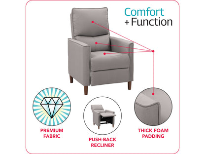 Light grey mid-century recliner with tufted backrest, wooden legs, and ergonomic design.