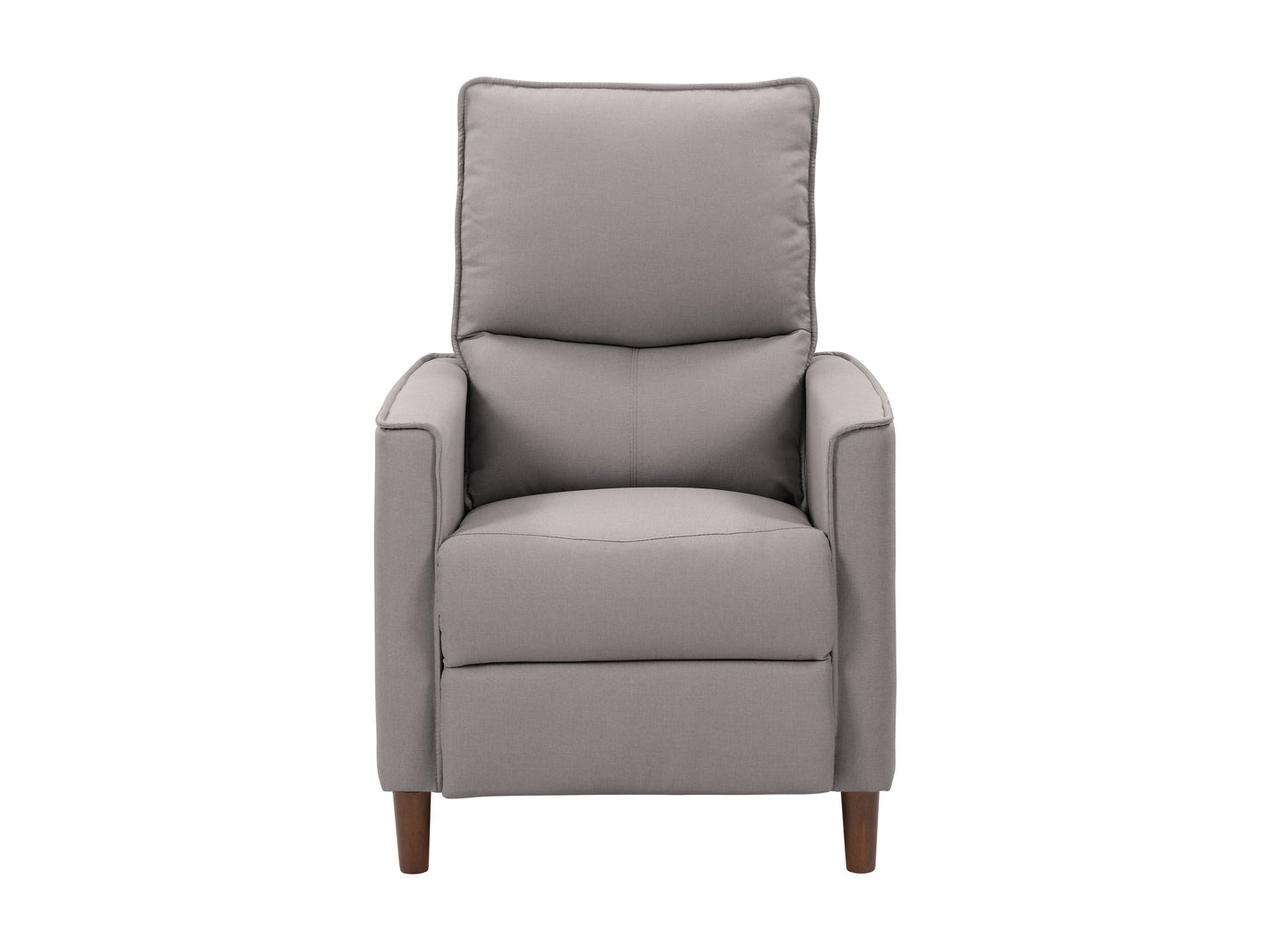 Light grey mid-century recliner with wooden legs and tufted backrest.