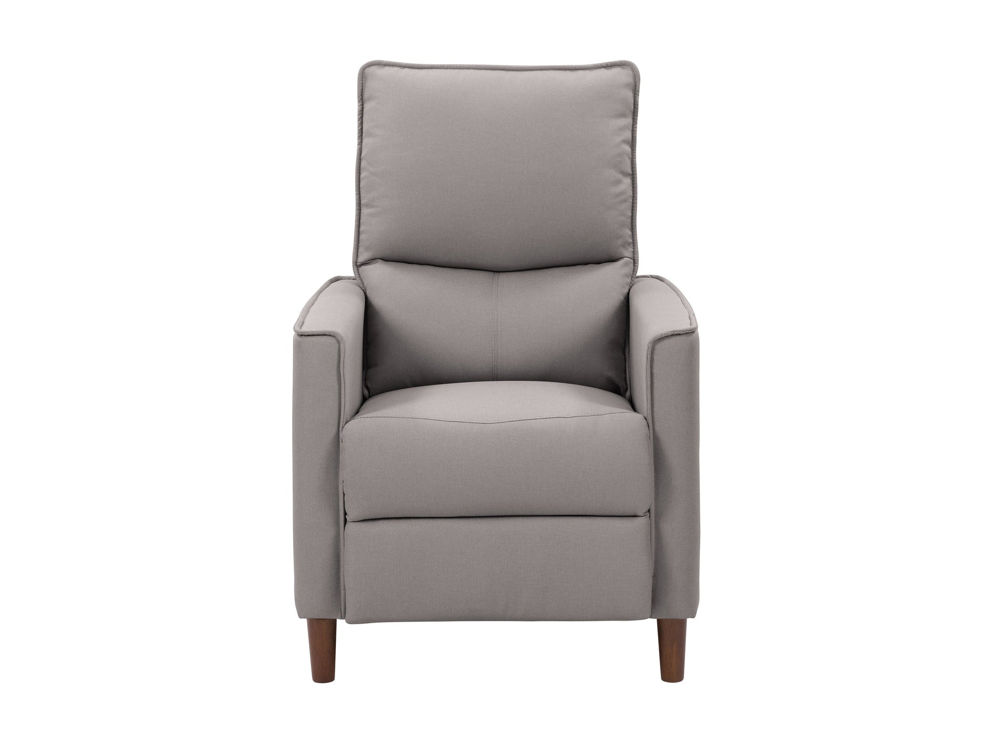 Light grey mid-century recliner with wooden legs and tufted backrest.