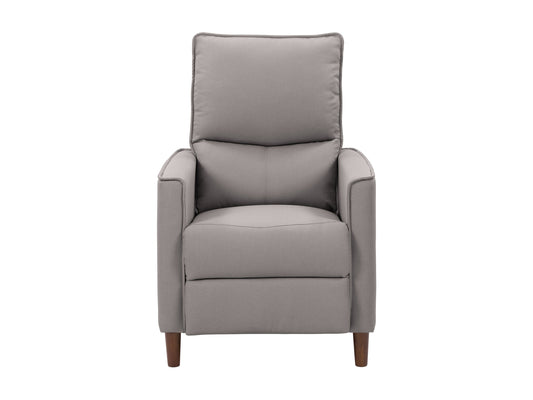 Light grey mid-century recliner with wooden legs and tufted backrest.