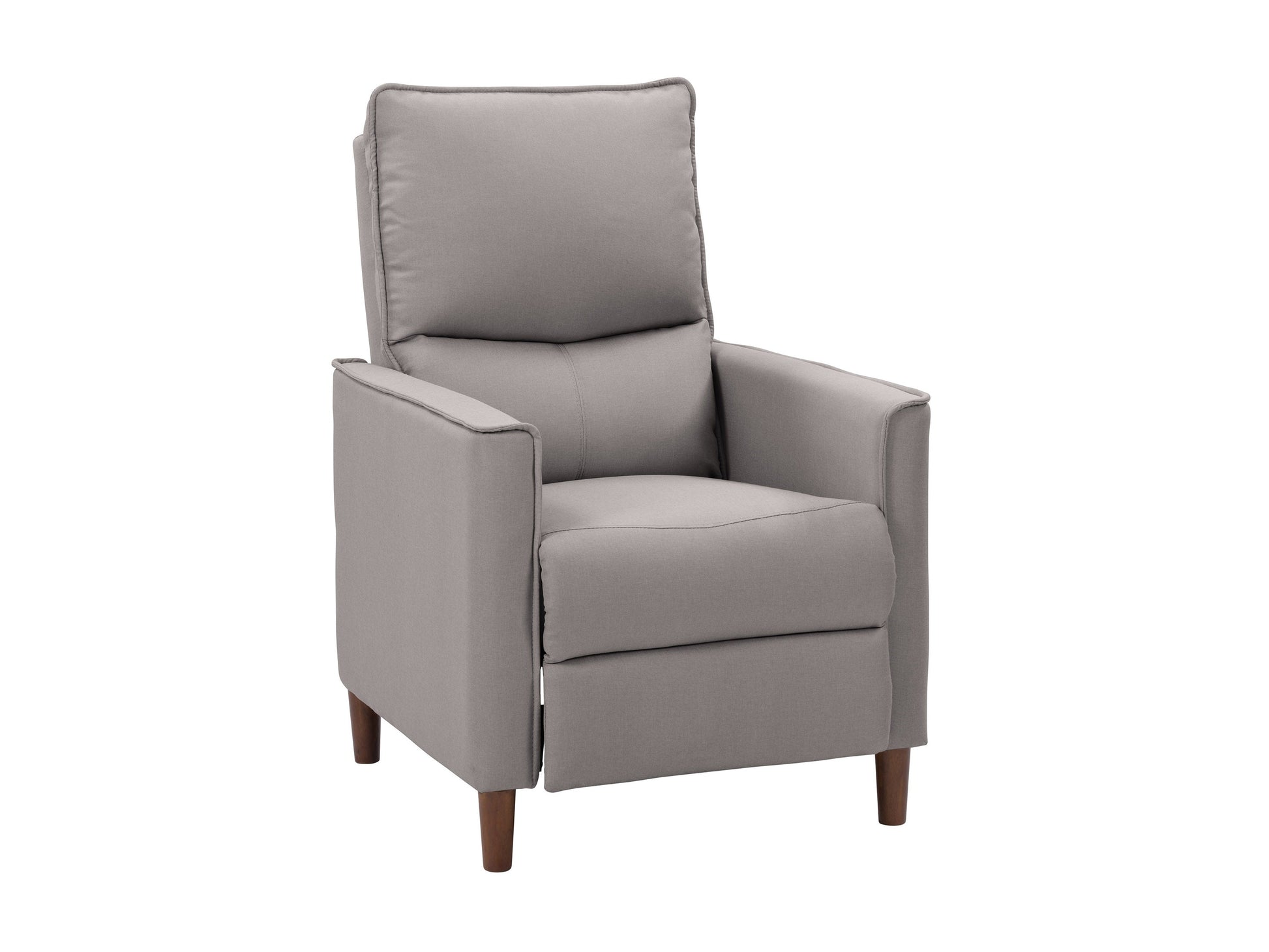 Light grey mid-century recliner with wooden legs and tufted backrest.