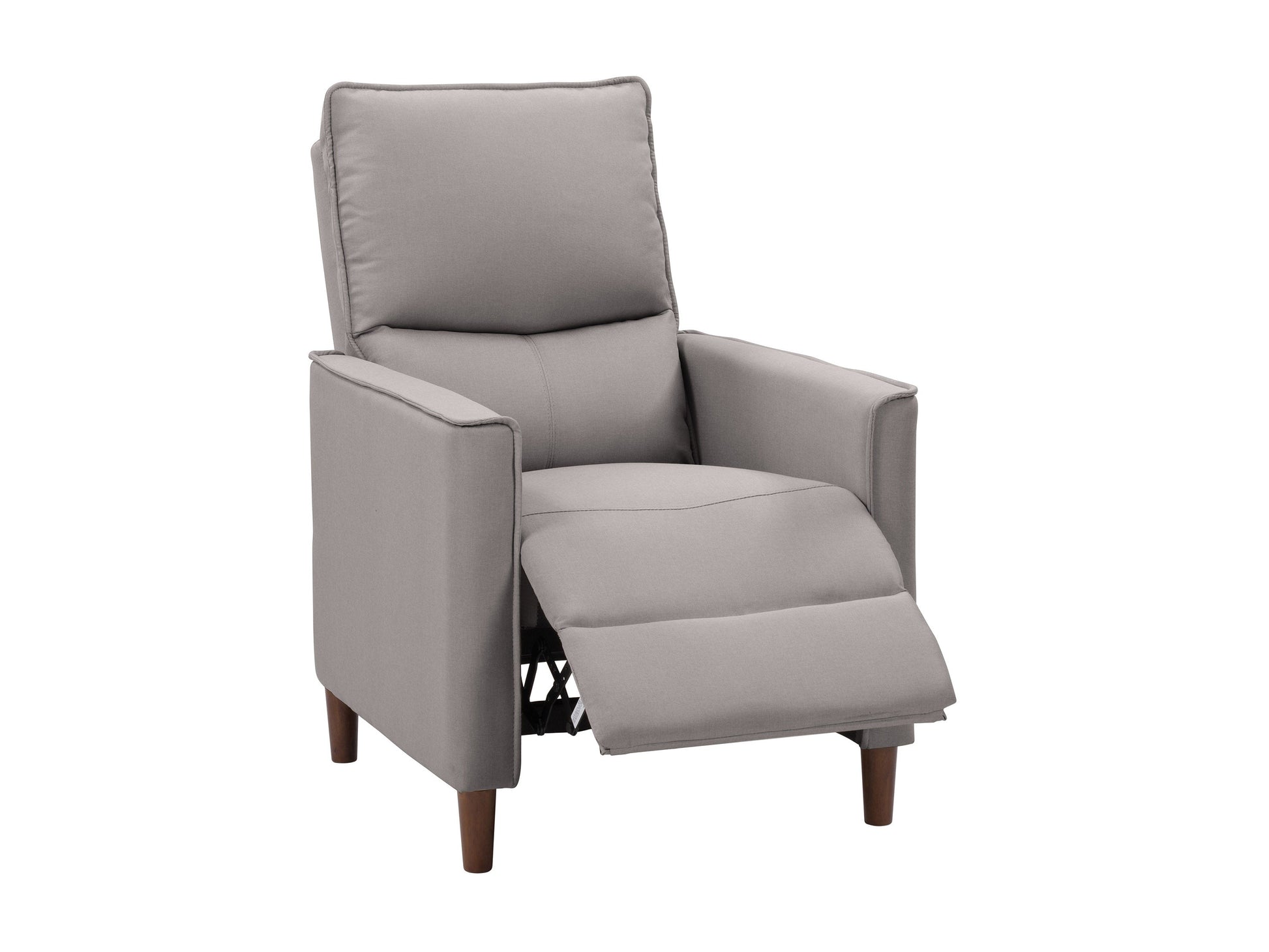 Light grey mid-century recliner with wooden legs, tufted backrest, and sleek armrests.