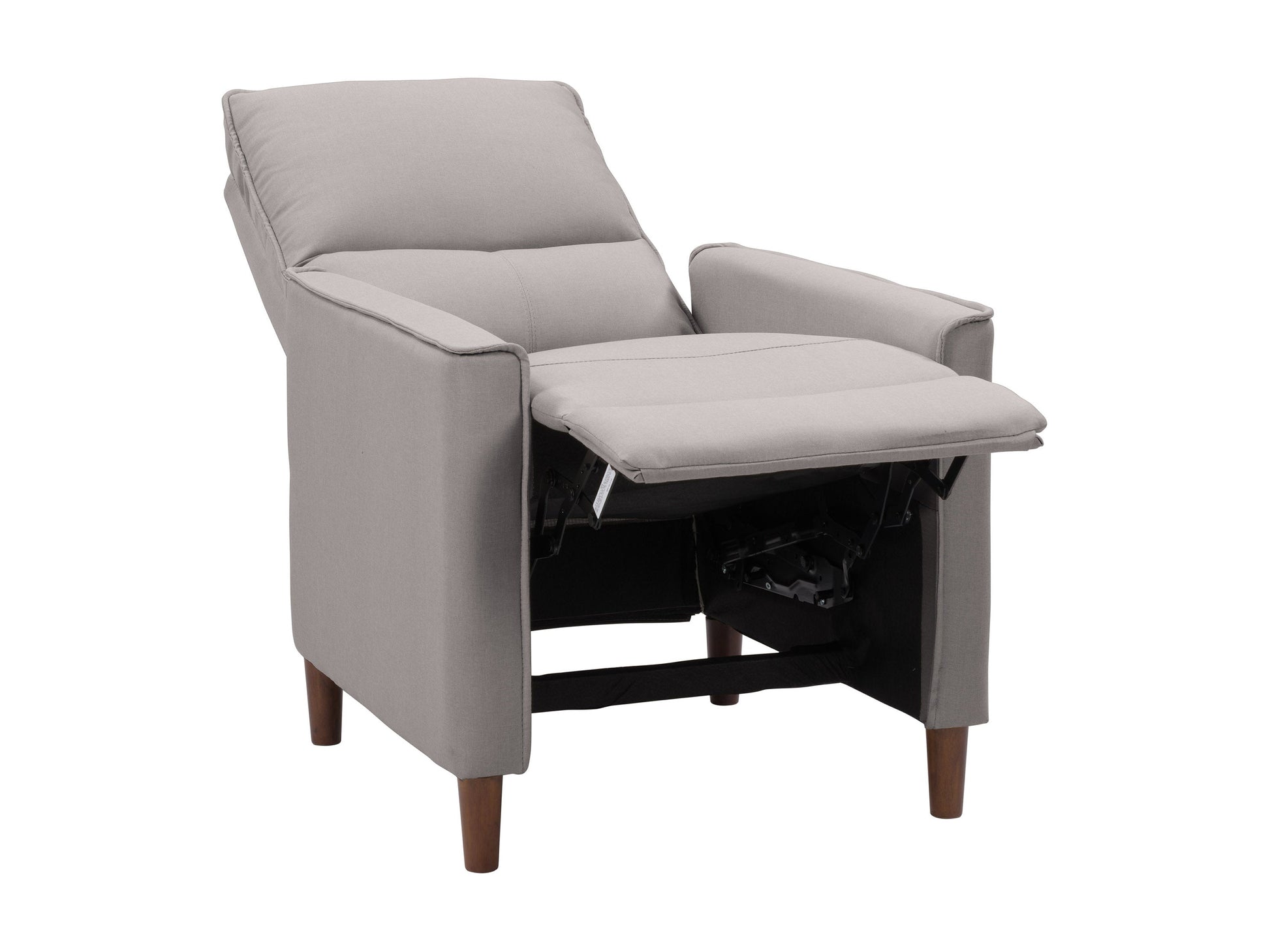 Light grey mid-century recliner with tufted cushions, wooden legs, and ergonomic design.