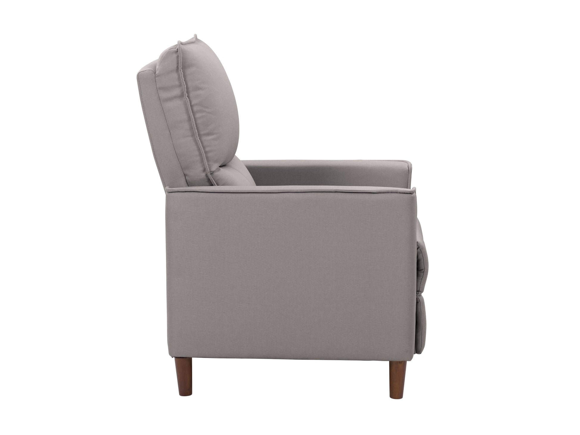 Light grey mid-century recliner with wooden legs, tufted back cushion, and sleek minimalist design.