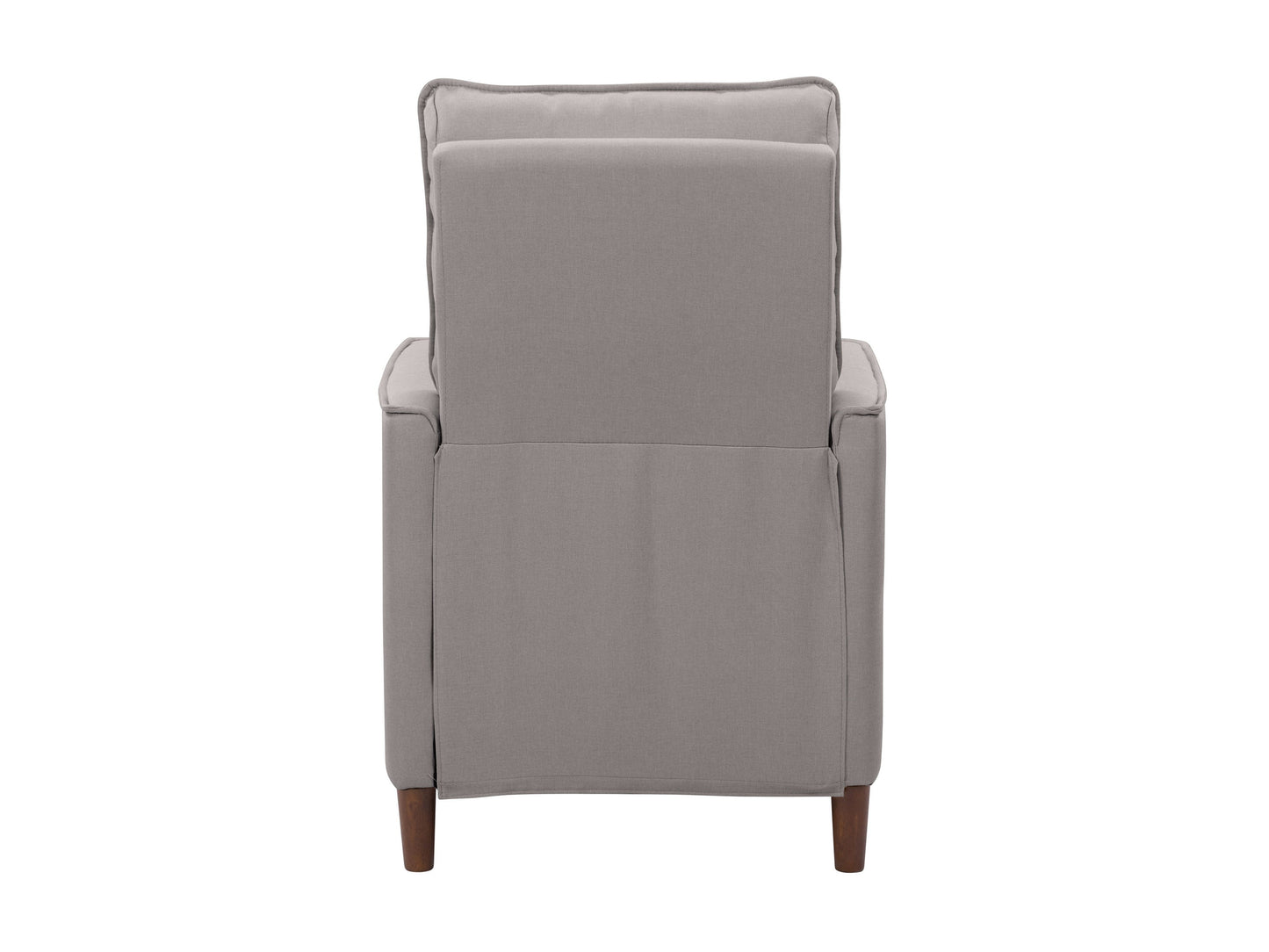Light grey mid-century recliner with wooden legs and tufted backrest.
