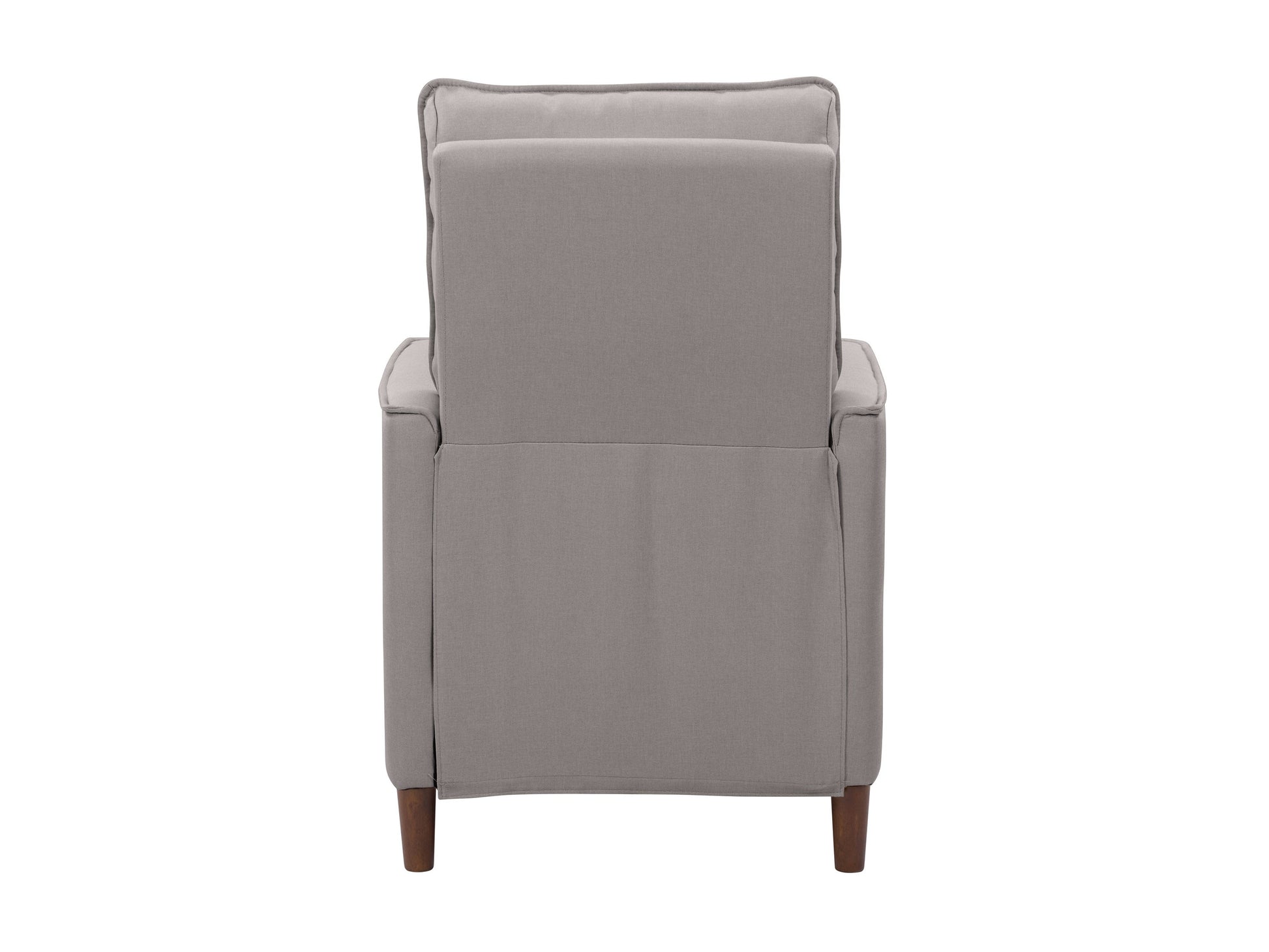 Light grey mid-century recliner with wooden legs and tufted backrest.