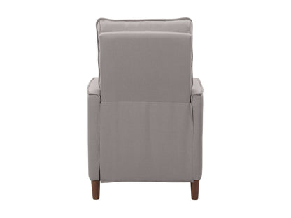 Light grey mid-century recliner with wooden legs and tufted backrest.