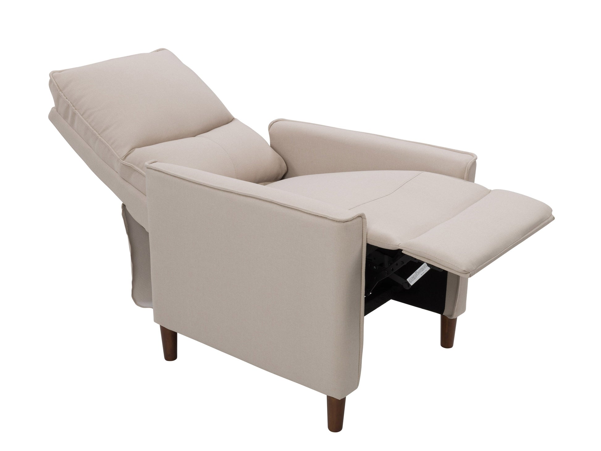 Beige mid-century recliner with wooden legs and tufted backrest.