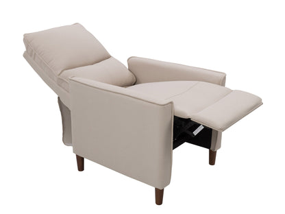 Beige mid-century recliner with wooden legs and tufted backrest.