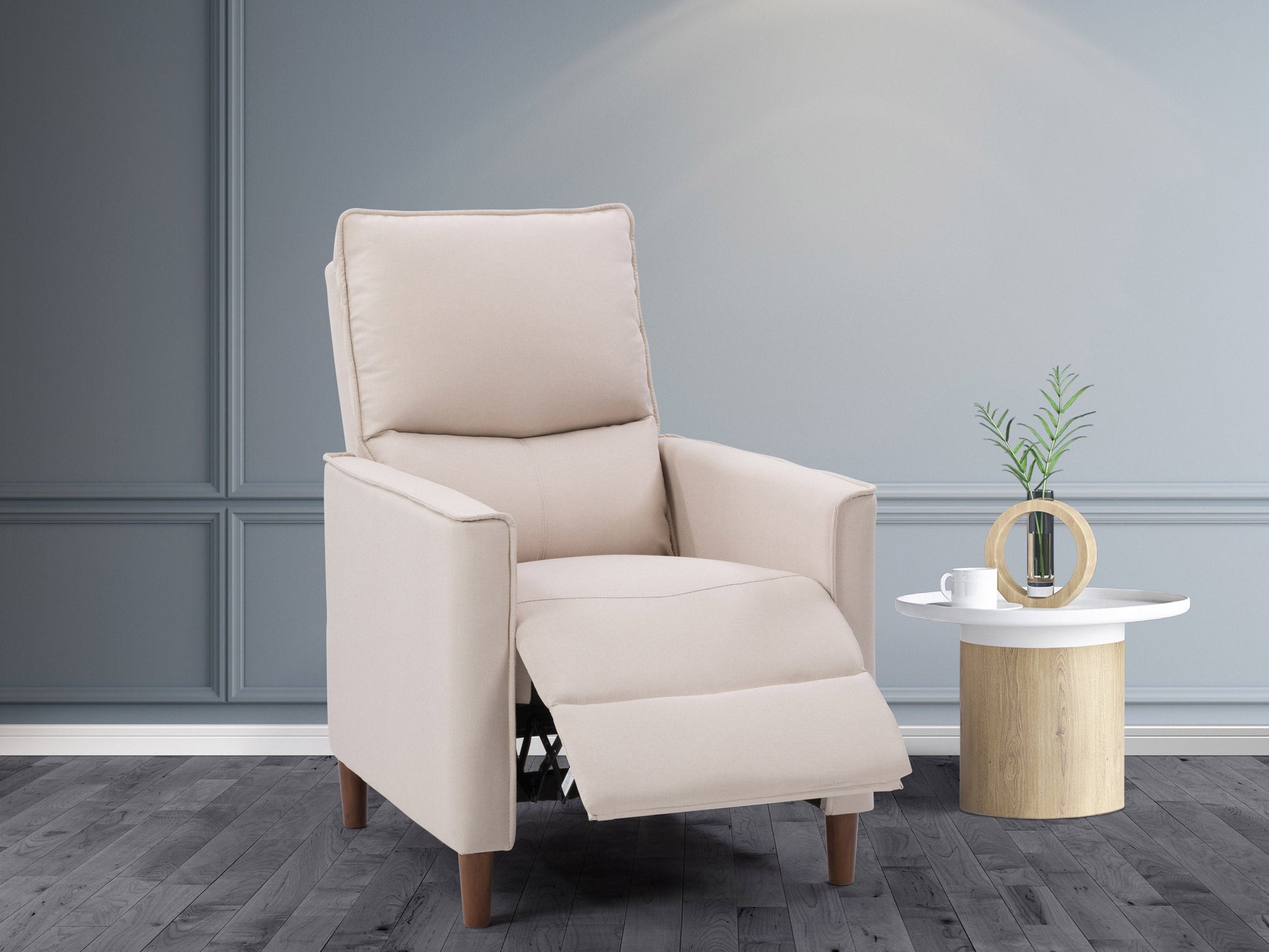 Beige mid-century recliner with wooden legs and tufted backrest in a stylish living room setting.