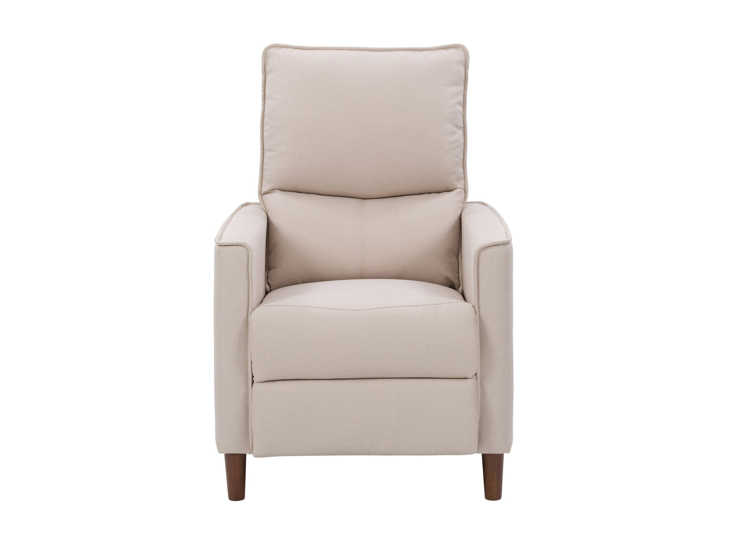 Beige mid-century recliner with wooden legs, tufted backrest, and minimalist design.