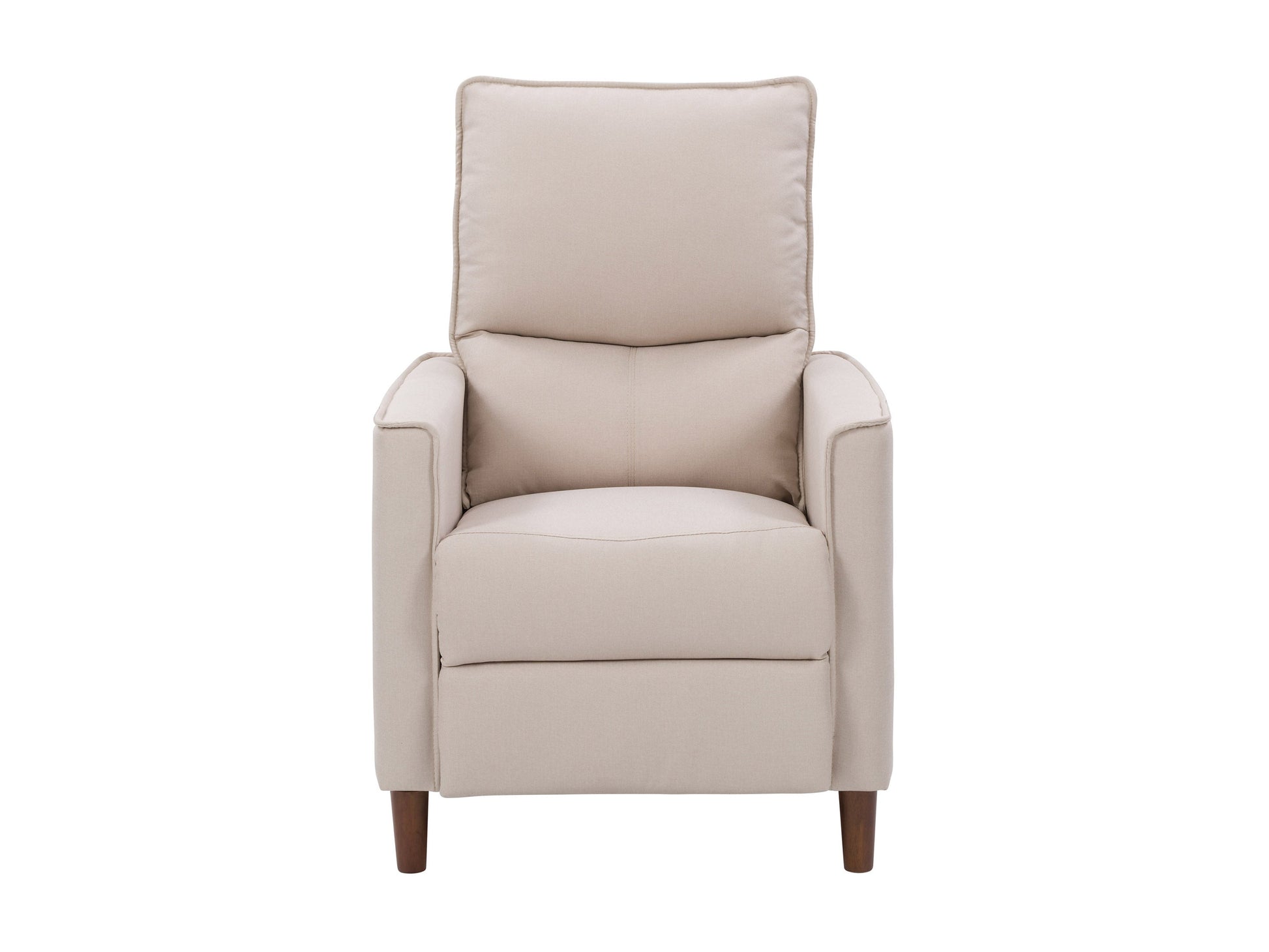 Beige mid-century recliner with wooden legs, tufted backrest, and minimalist design.