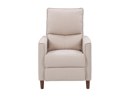 Beige mid-century recliner with wooden legs, tufted backrest, and minimalist design.