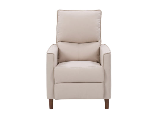 Beige mid-century recliner with wooden legs, tufted backrest, and minimalist design.