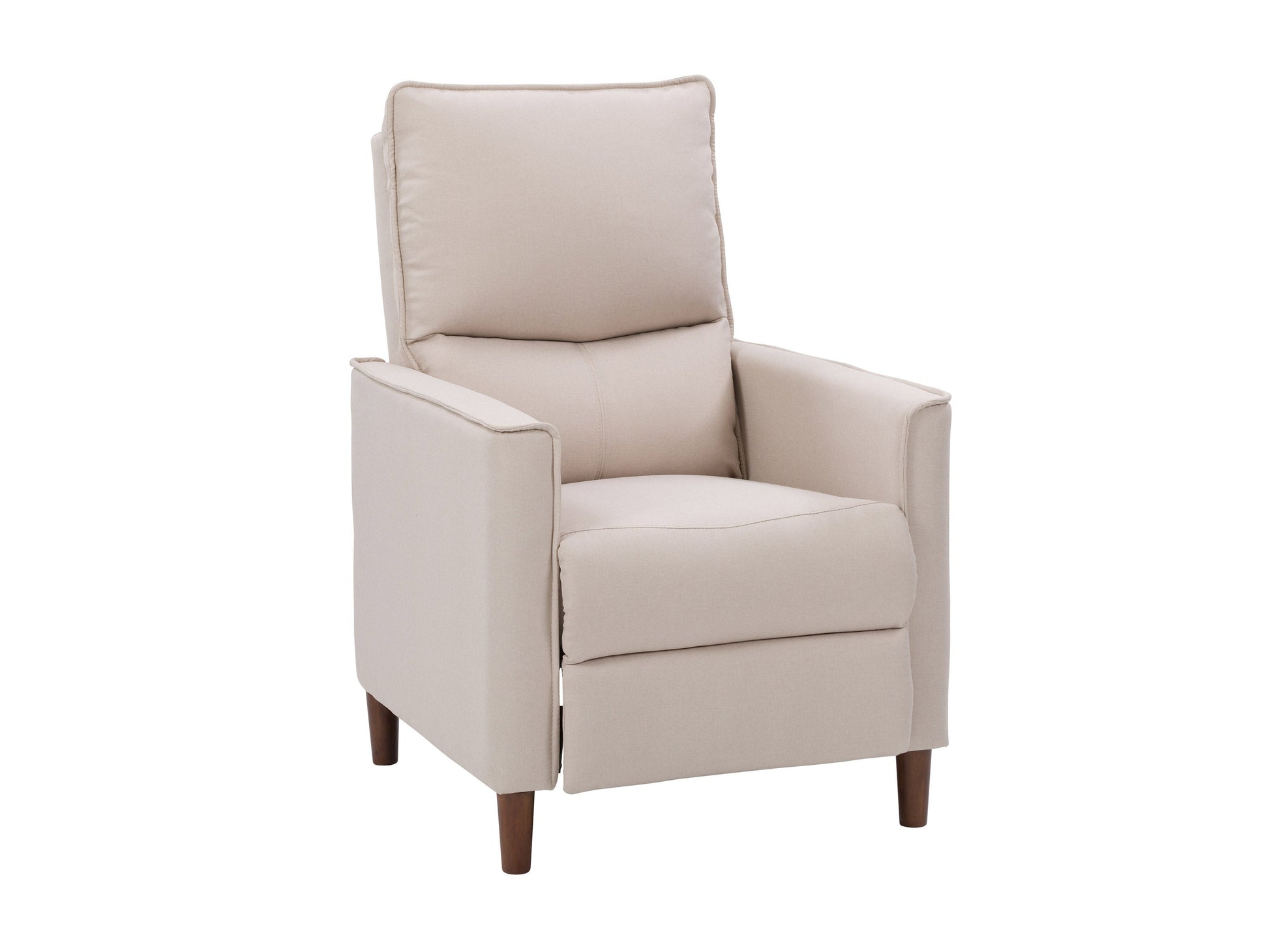 Beige mid-century recliner with wooden legs, tufted backrest, and sleek armrests for a stylish living room.
