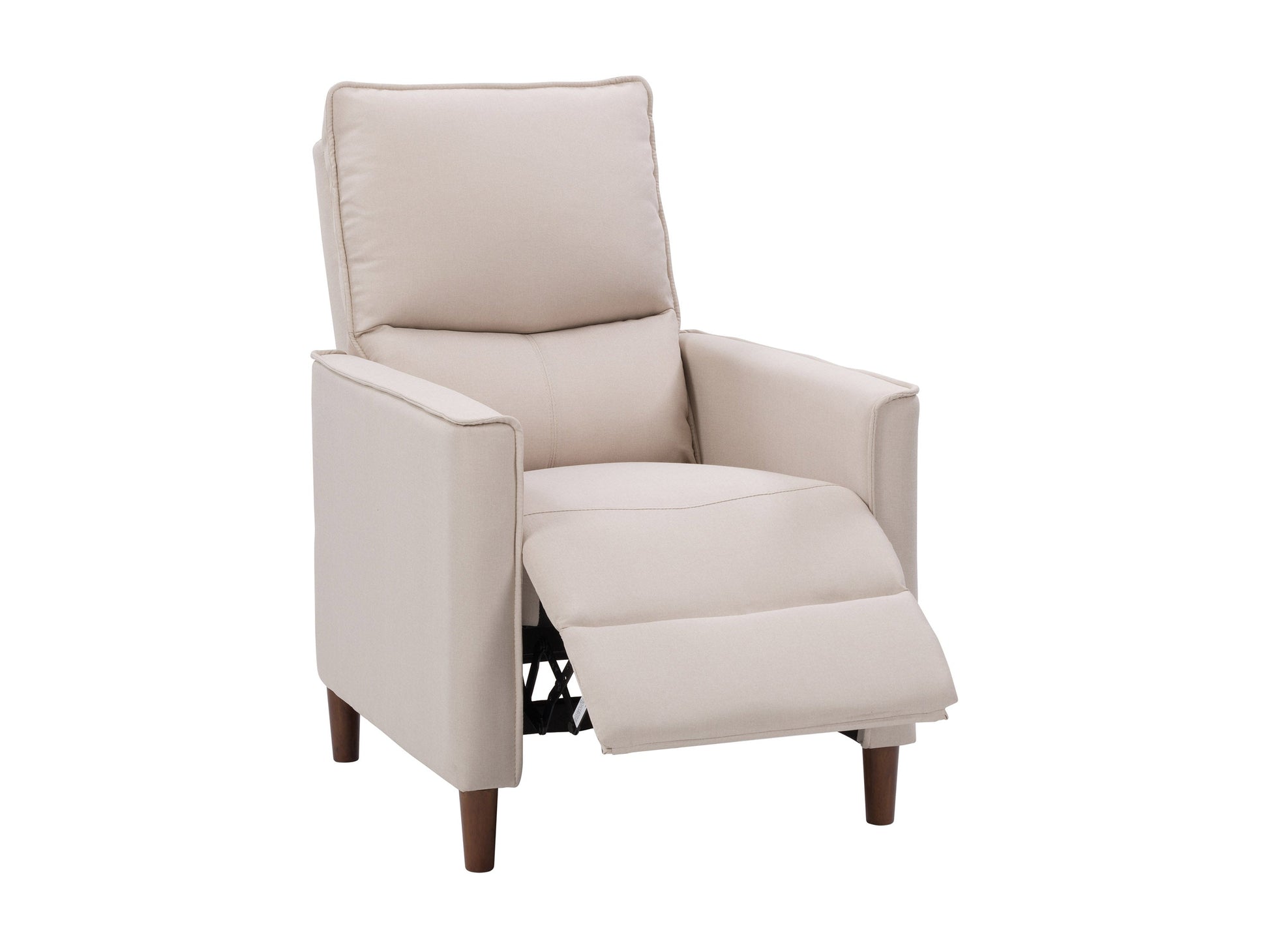 Mid-century beige recliner with wooden legs, tufted backrest, and soft fabric upholstery.
