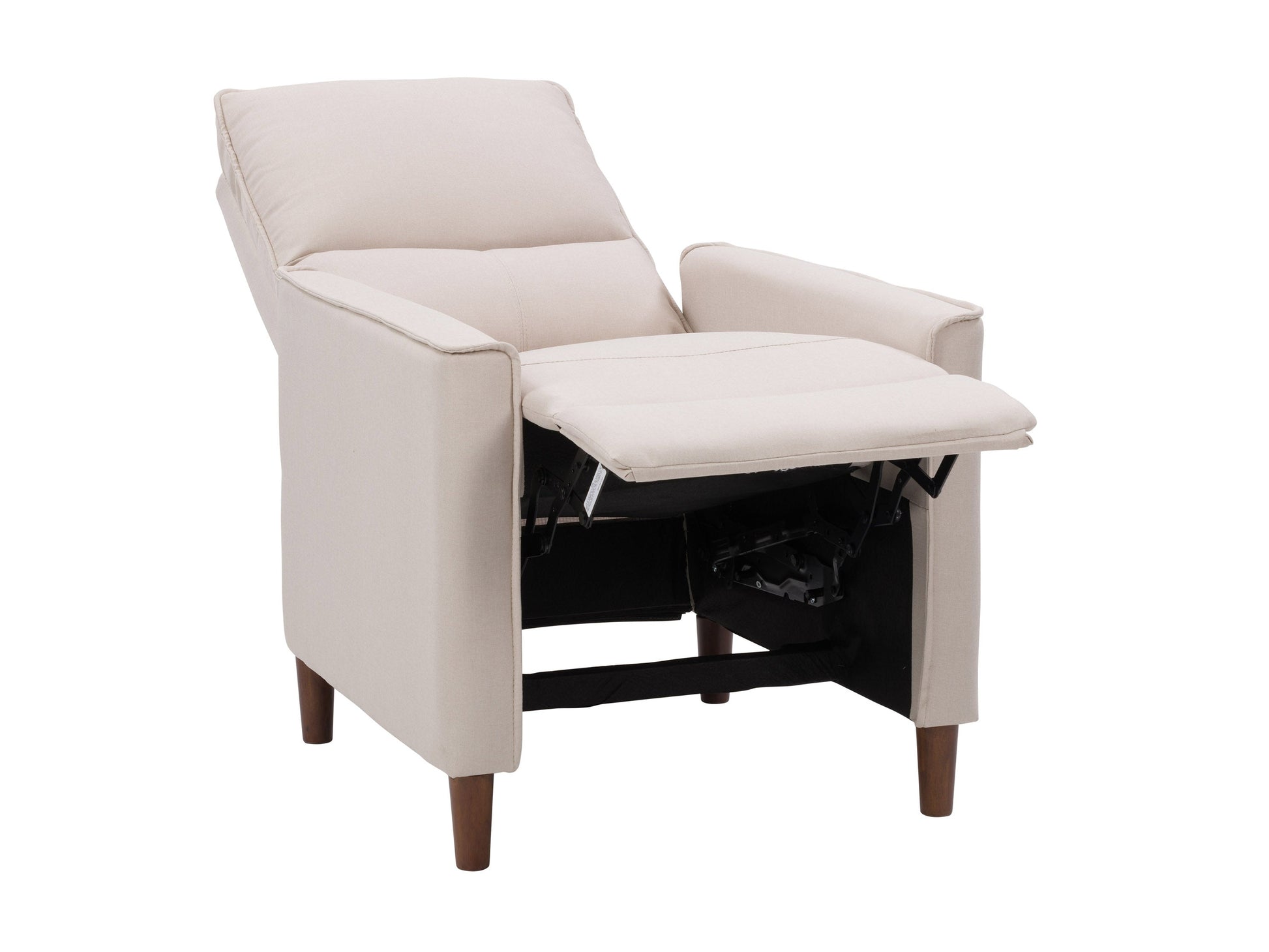 Beige mid-century recliner with wooden legs, tufted backrest, and sleek armrests.